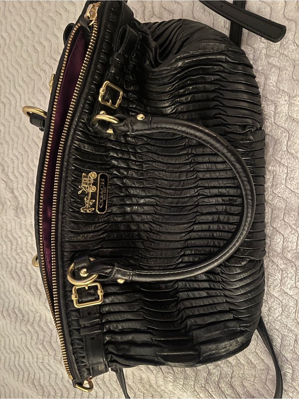 Vintage Coach Black Ruched Leather Satchel with Gold Hardware